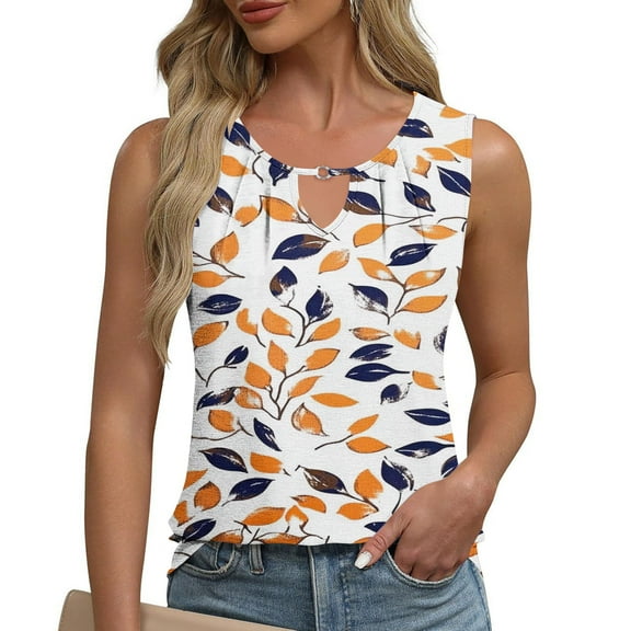 HOMBOM Pleated Tank Tops for Women 2025 Orange Cutout Sleeveless Leaf Print Casual Notch Neck Tank Blouse