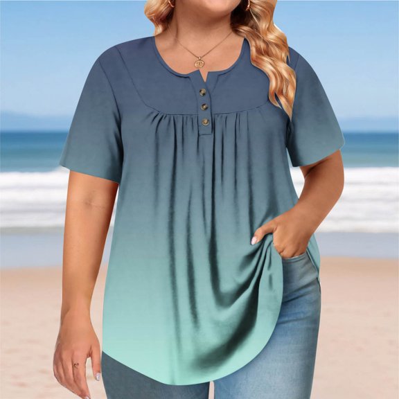 HOMBOM Plus Size Blouses for Women Green Trendy Pleated Gradient Color Short Sleeve Crew Neck Shirts 2XL