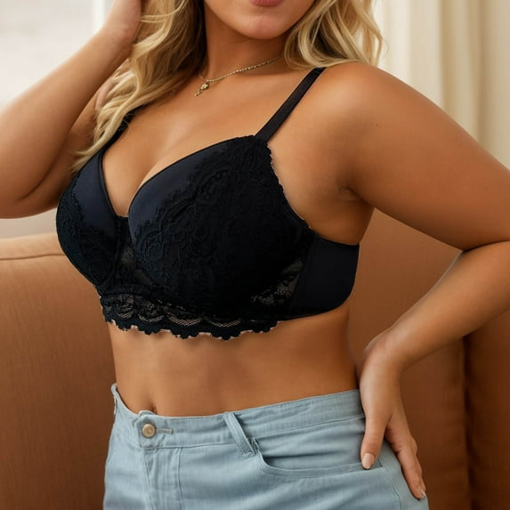 HOMBOM Plus Size Bras for Women Breathable Balconette Push-Up Unlined Bras Wireless Spaghetti Straps Lifting Black Brassiere 38D