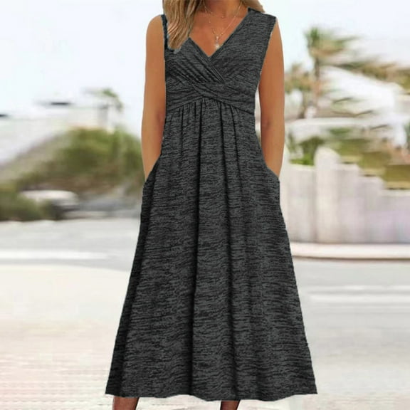 HOMBOM Plus Size Dresses for Women Tropical Black Long A-Line V-Neck Solid Tropical Dresses with Pockets