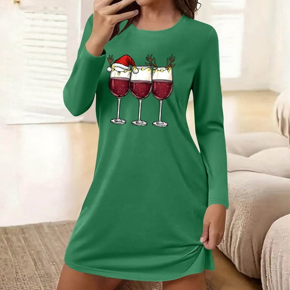 HOMBOM Plus Size Nightgowns for Women Nightwear MooMoo Fall Casual Christmas Green Long Sleeve Ladies Nightdress