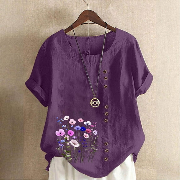 HOMBOM Plus Size Tops for Women Spring Button Floral Short Sleeve Dressy Casual Crewneck Purple Ladies Blouse