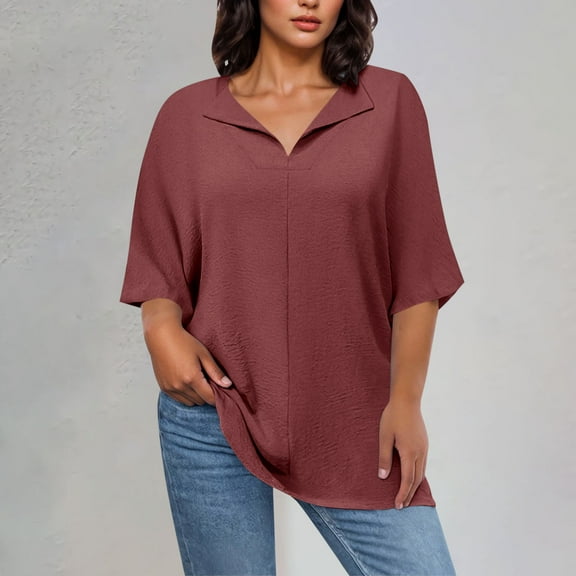 HOMBOM Plus Size Women Tops V-Neck Wine Trendy 3/4 Sleeve Loose Solid Color Temperament Shirt