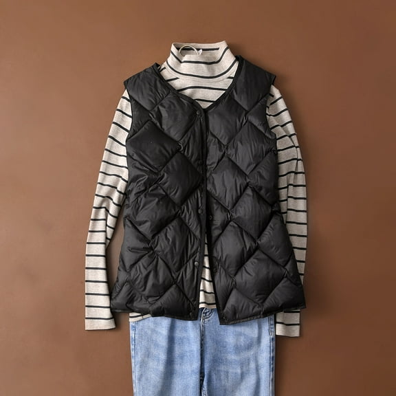 HOMBOM Puffer Vest for Women with Pockets Outdoor Lightweight Coats Black Button down Overcoat Sleeveless Short Quilted Womens