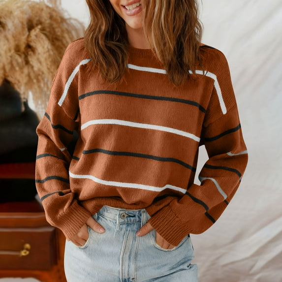 HOMBOM Pullover Sweaters for Women Brown Fall Crewneck Soft Striped Ladies Outfits