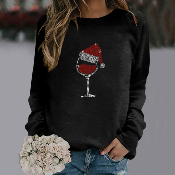 HOMBOM Pullover Sweatshirt for Women Trendy Black Crew Neck Lightweight Long Sleeve Solid Womens Tops Rhinestone Wine Glass