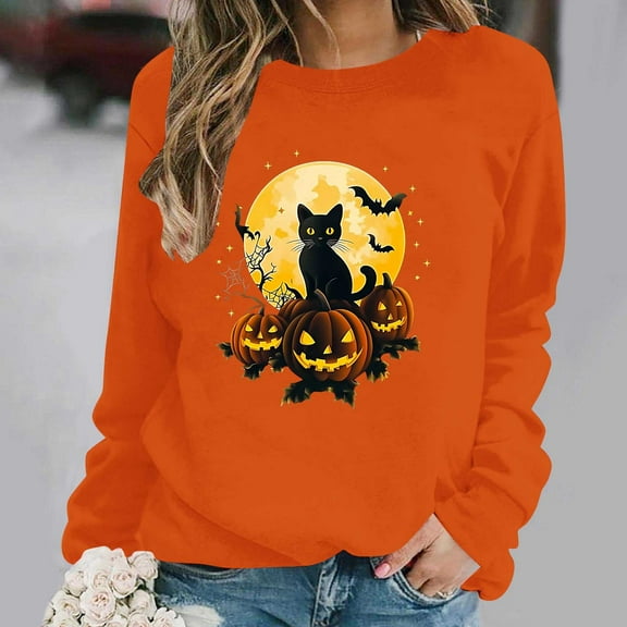 HOMBOM Pullover Sweatshirt for Womens Orange Pumpkin Crewneck Relaxed Fit Drop Shoulder Cute Long Sleeve Ladies Tops