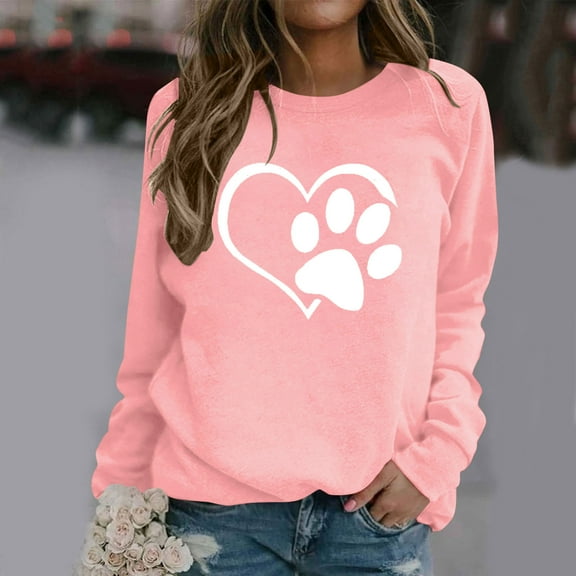 HOMBOM Pullover Sweatshirts for Women Trendy Crew Neck Loose Fashion Pink Tops Casual Heart Dog Paw Print Long Sleeve Sweatshirt