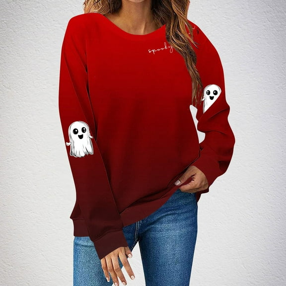 HOMBOM Pullover Sweatshirts for Womens Gradient Red Crewneck Drop Shoulder Relaxed Fit Long Sleeve Ladies Tops Soft