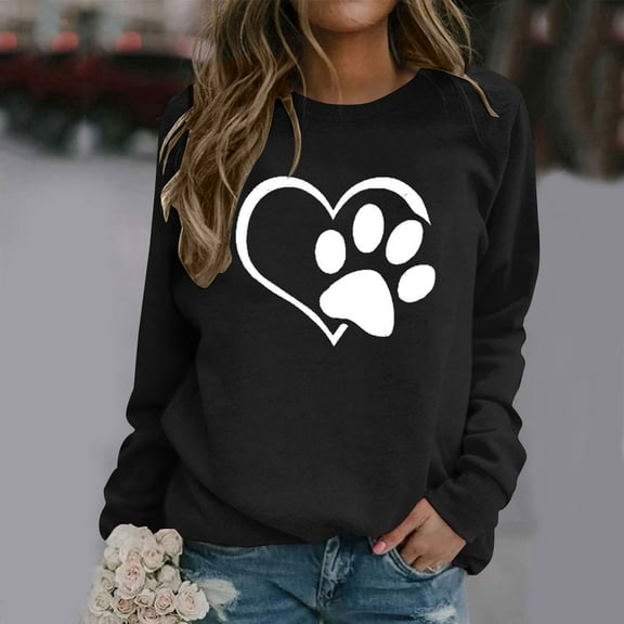 HOMBOM Pullover Womens Sweatshirt 2024 Loose Crew Neck Black Thanksgiving Tops Casual Heart Dog Paw Print Long Sleeve Sweatshirt