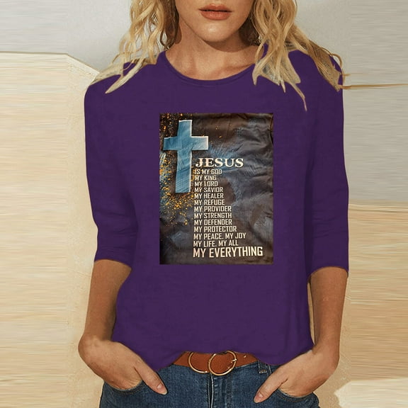 HOMBOM Purple Casual Tops For Women 3/4 Sleeve Shirts Easter Cross Print Round Neck Easter T Shirts For Women L