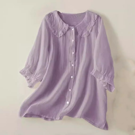HOMBOM Purple Shirts for Women Cotton Trendy Puff Sleeve Solid Short Sleeve Collared Shirts 2XL