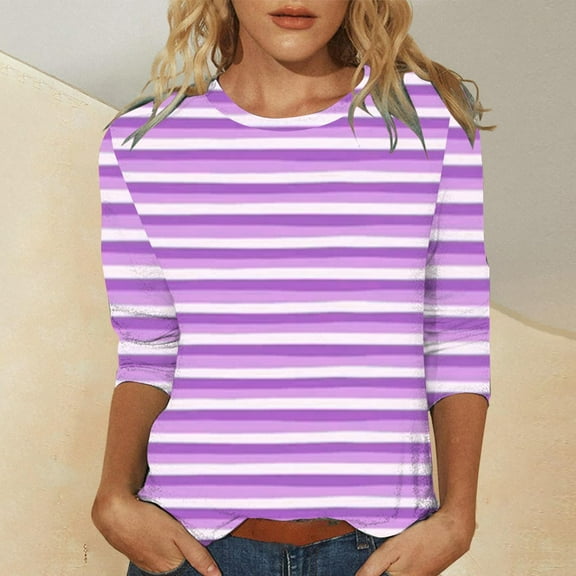 HOMBOM Purple T Shirts for Women Stripes 3/4 Sleeve Tunnic Colorful Crew Neck Temperament New arrivals Tee Shirts