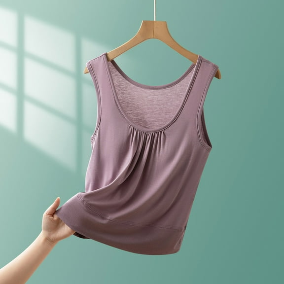 HOMBOM Purple Tops for Women Trendy Modal Built in Bras Chemise Casual Solid Color Crew Neck Sleeveless Basic Shirts