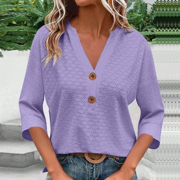 HOMBOM Purple Women Blouses 3/4 Sleeve Eyelet V-Neck Casual Solid Color Button Fashion 2025 Shirt