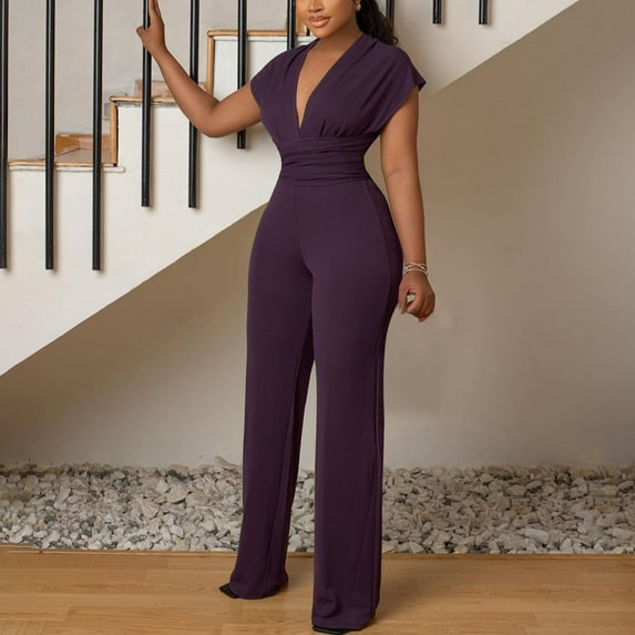 HOMBOM Purple Women Jumpsuits On Clearance Under $7 Short Sleeve V-neck Solid Color Straight-leg Jumpsuit L