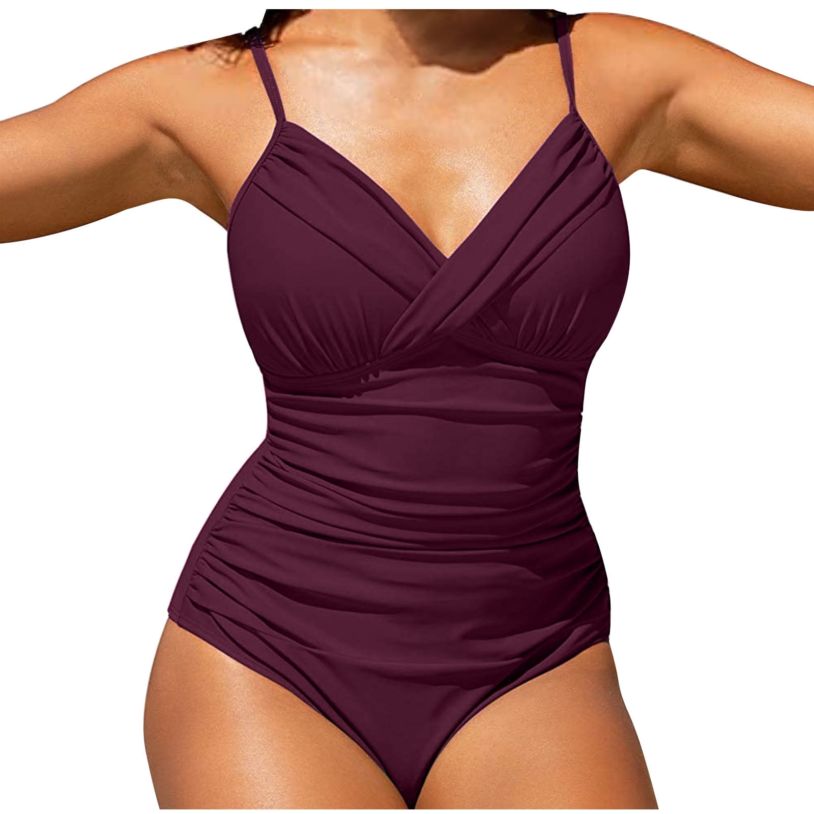 HOMBOM Push Up Swimsuits for Women One-pieces Solid Color Wine Soft Cup
