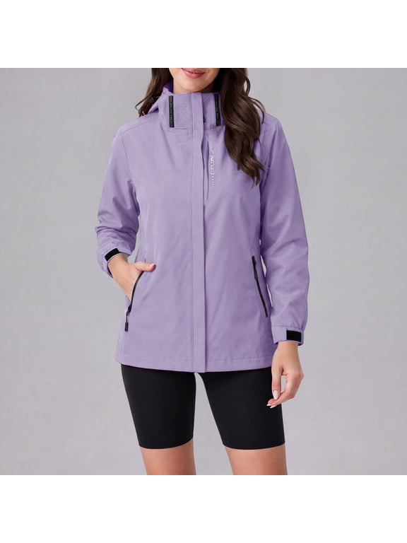Rain Jacket for Women Hiking Golf Waterproof Mid Weight Zip Up Fall Detachable Hood Drawstring Womens Raincoat