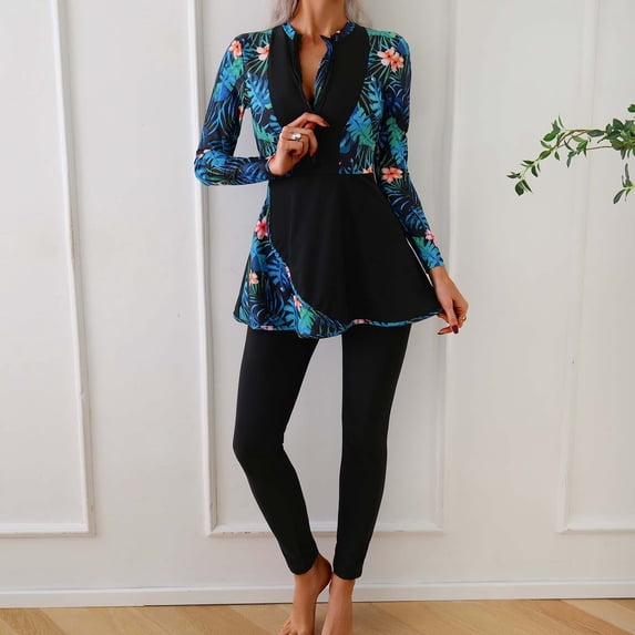 HOMBOM Rash Guard Swimsuit for Women Two Piece Long Sleeve Swim Dress with Leggings Green Floral Modest Ladies Swimwear Surfing