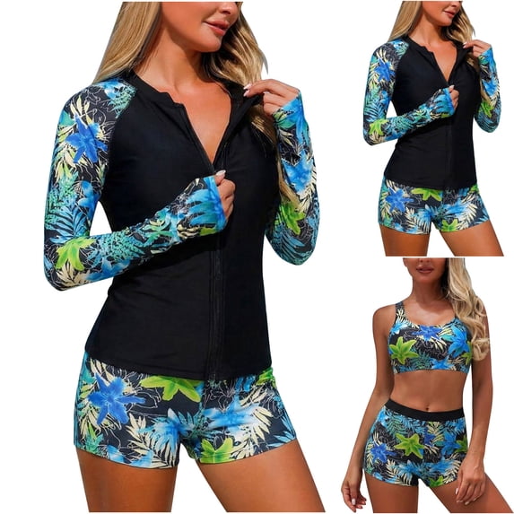HOMBOM Rash Guard Swimsuit for Women Two Piece Swim Top with Boyshorts Modest Green Pool Young Womans Swimwear Long Sleeve