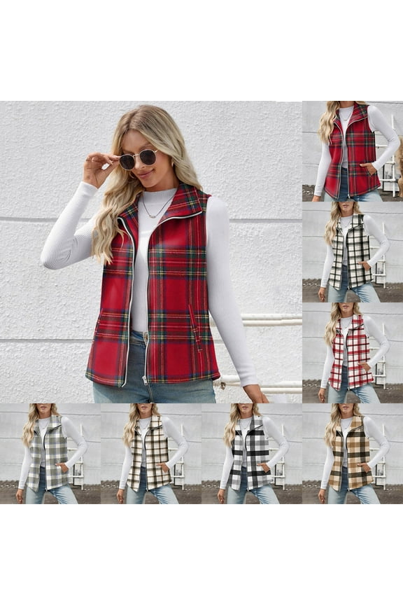 Red Fleece Vest for Women Checkered Warm Jacket with Pockets Sleeveless Xmas Zip Up Outwear Womens Coat