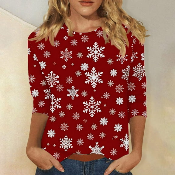 HOMBOM Red Holiday Shirts for Women 3/4 Sleeve Crew Neck Blouses Christmas Print Casual Loose Pullover Tops 2XL