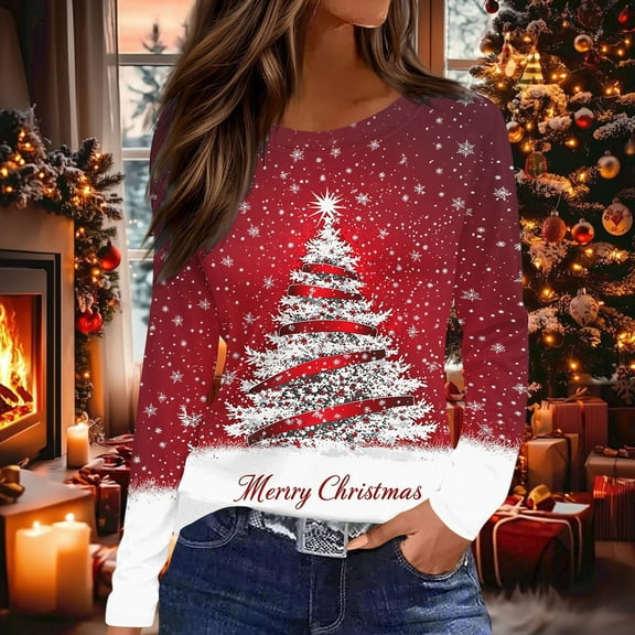 HOMBOM Red Shirts for Women Christmas Festive Long Sleeve Graphic Merry Christmas Xmas Ladies T Shirts Crewneck