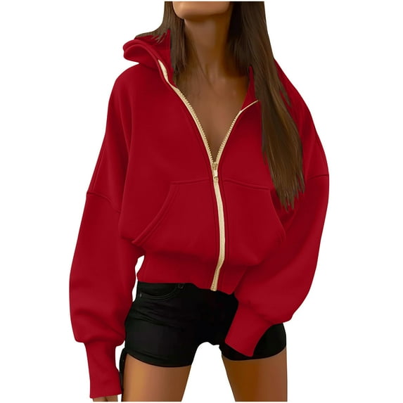 HOMBOM Red Sweatshirts Women V-Neck Hooded Plain Long Sleeve Casual Zip-Up Soft Sweatshirt 2XL