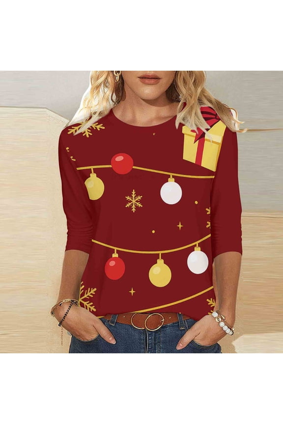 Red Tops for Women Christmas Western Basic Crewneck 3/4 Sleeve Merry Christmas Females Tee Shirts Xmas