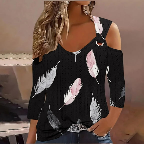 HOMBOM Scoop Neck Blouses for Women Y2k Eyelet 3/4 Sleeve New arrivals Graphic Off-Shoulder Feather T-Shirts
