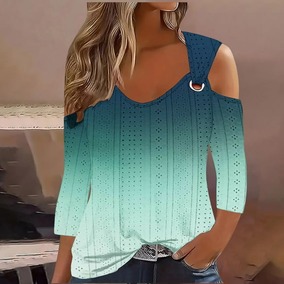 HOMBOM Scoop Neck T Shirts for Women 3/4 Sleeve Summer Eyelet Green 2025 Off Shoulder Gradient Color Shirt