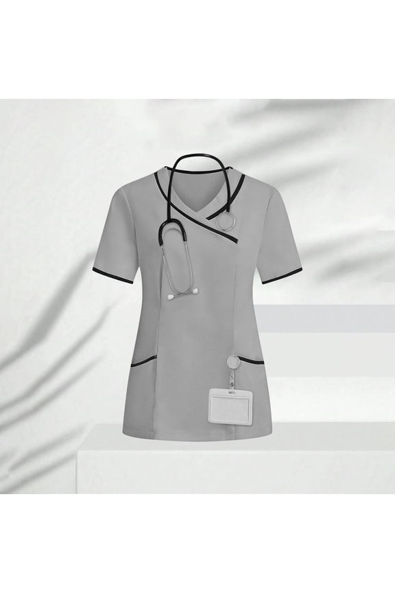 Scrubs Shirts for Women Spring Gray Colorblock Loose Comfy Short Sleeve Ladies T Shirts with Pockets