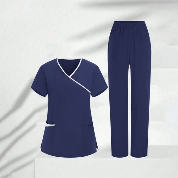 HOMBOM Scrubs for Women Blue Short Sleeve V Neck Scrub Top and Pant Medical Stretch Womens Nursing Uniforms