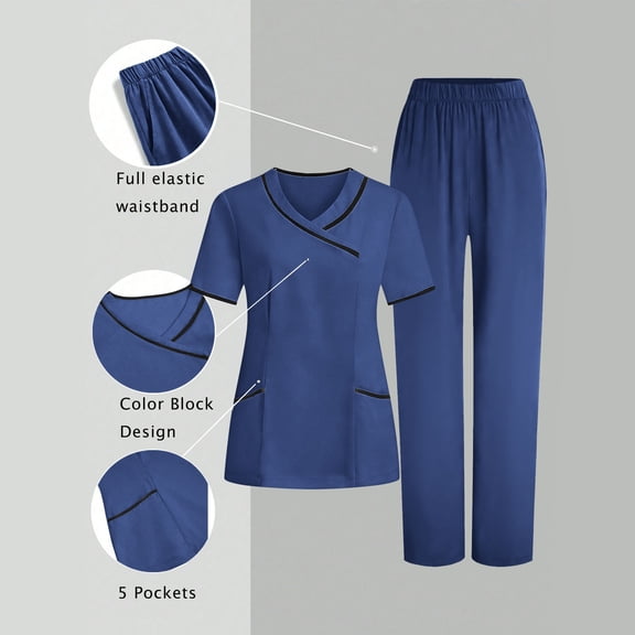 HOMBOM Scrubs for Women Blue V Neck Scrub Top and Pant Medical Short Sleeve Modern Ladies Nursing Uniforms