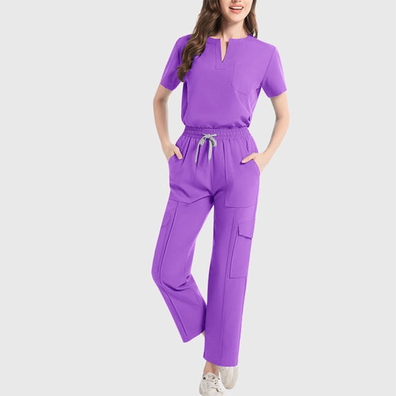 HOMBOM Scrubs for Women Set Purple V Neck Scrub Top and Pant Short Sleeve Modern Ladies Working Uniforms