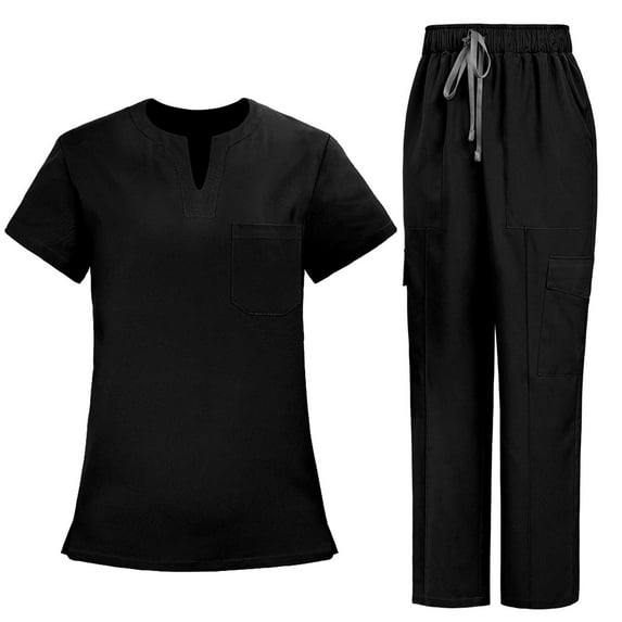 HOMBOM Scrubs for Women Short Sleeve V Neck Scrub Top and Pant Medical Black Womens Nursing Uniforms Set