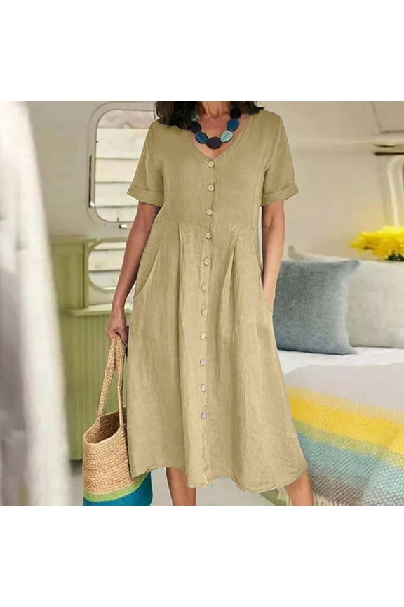 Shift Dress for Women Khaki Short Sleeve Casual Dresses for Women V-Neck Solid Summer Flowy Dresses XL