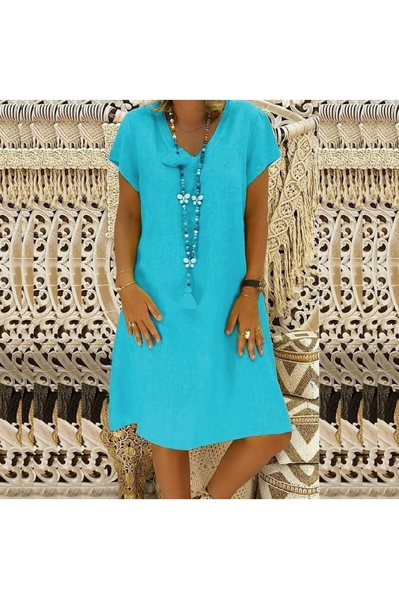 Trendy Dresses for Women Blue Mid-Length Shift V-Neck Trendy Solid Cotton Linen Short Sleeve Dresses L