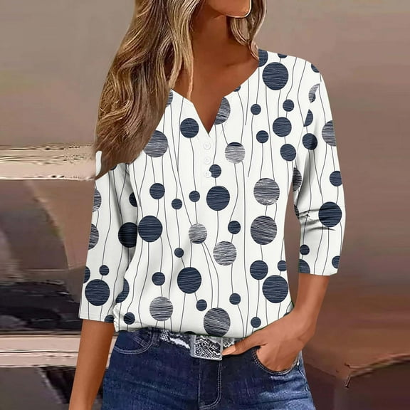 HOMBOM Shirts for Women 3/4 Sleeve Navy V Neck Pullover Button Summer Polka Dot Drop Shoulder T Shirt