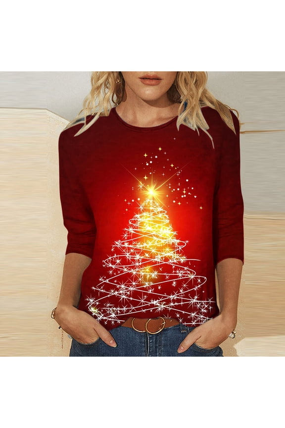 Shirts for Women Beige Graphic Western Crewneck Christmas 3/4 Sleeve Xmas Christmas Tree Ladies T Shirts