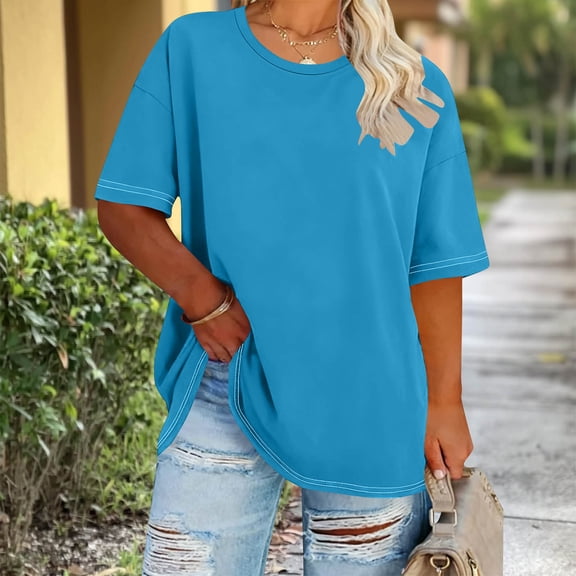 HOMBOM Shirts for Women Blue Plus Size Loose Basic Short Sleeve Ladies Tops Oversized 4XL