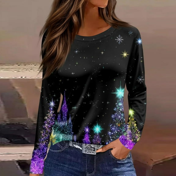 HOMBOM Shirts for Women Casual Christmas Graphic Ugly Christmas Long Sleeve Crewneck Xmas Ladies Tee Shirts