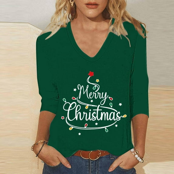 HOMBOM Shirts for Women Christmas Holiday 3/4 Sleeve Vintage Green Santa V Neck Females T Shirts