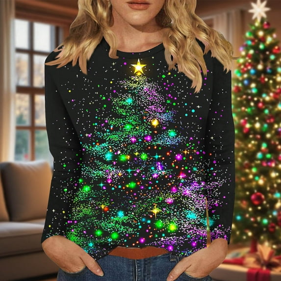 HOMBOM Shirts for Women Christmas Holiday Fall Long Sleeve Crewneck Green Ugly Christmas Xmas Ladies Tee Shirts