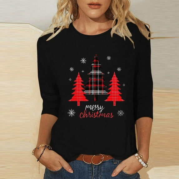 HOMBOM Shirts for Women Christmas Western Crewneck 3/4 Sleeve Black Reindeer Vintage Xmas Womens Tee Shirts