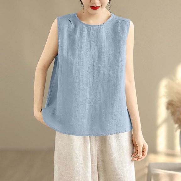 HOMBOM Shirts for Women Cotton Linen Button down Tank Tops Light Blue Summer Sleeveless Boho Womens Blouse Crewneck