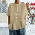 thumbnail image 1 of HOMBOM Shirts for Women Cotton Linen Spring Button Yellow Solid Short Sleeve Crewneck Boho Womens T Shirts, 1 of 6