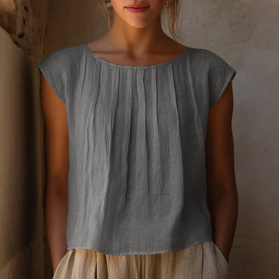HOMBOM Shirts for Women Cotton Linen Summer Pleated Short Sleeve Gray Plus Size Boho Womens Blouse Crewneck