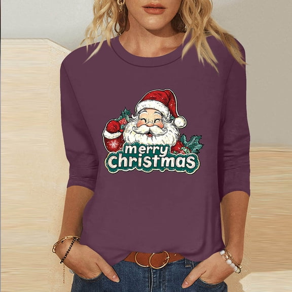 HOMBOM Shirts for Women Crewneck Basic Western Purple 3/4 Sleeve Wine Glass Xmas Christmas Ladies T Shirts