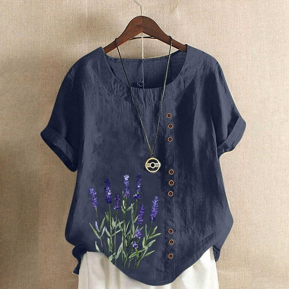 HOMBOM Shirts for Women Crewneck Tee Shirts Trendy Boho Cotton Linen Short Sleeve Floral Ladies T Shirts